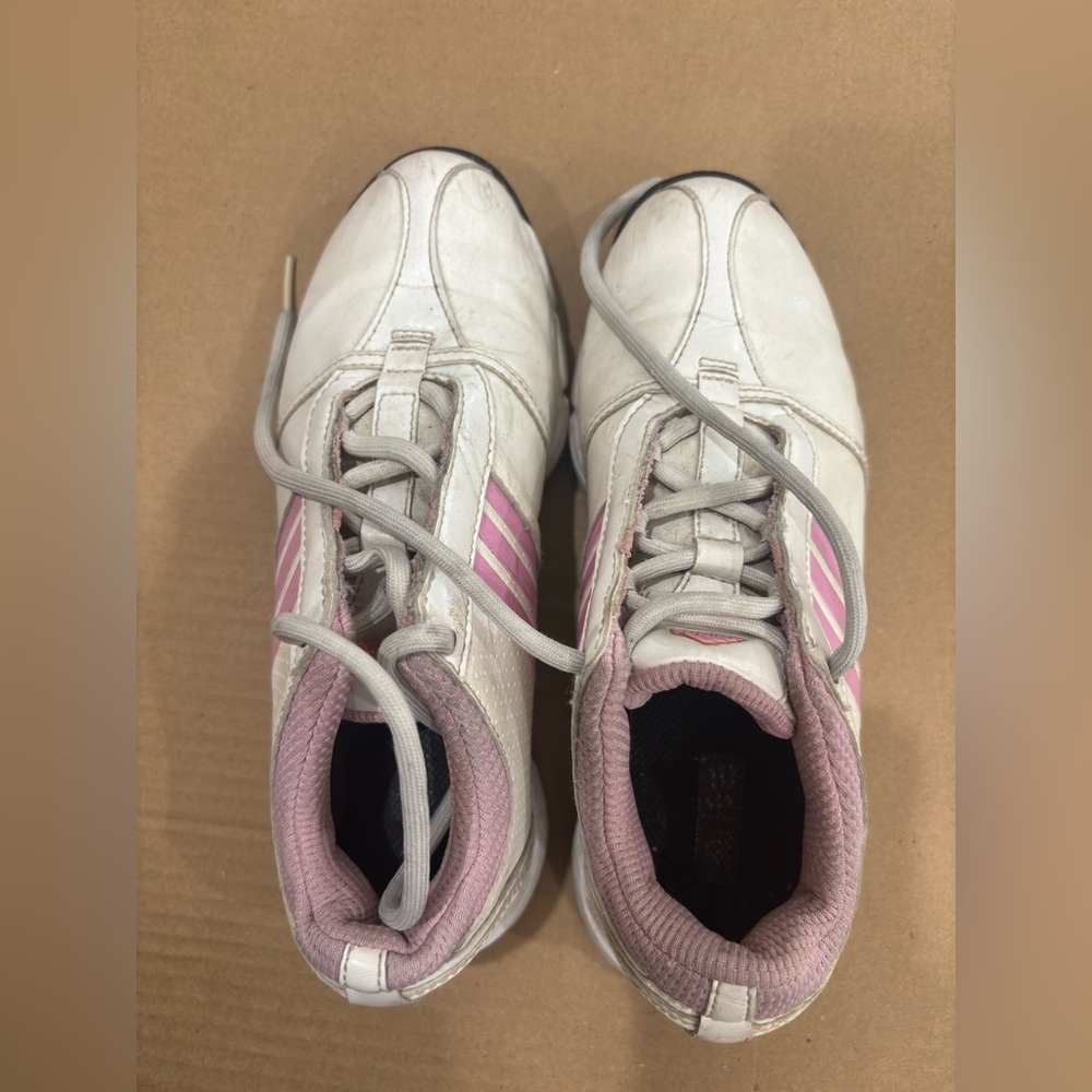 White and Pink Addidas Athletic Shoes